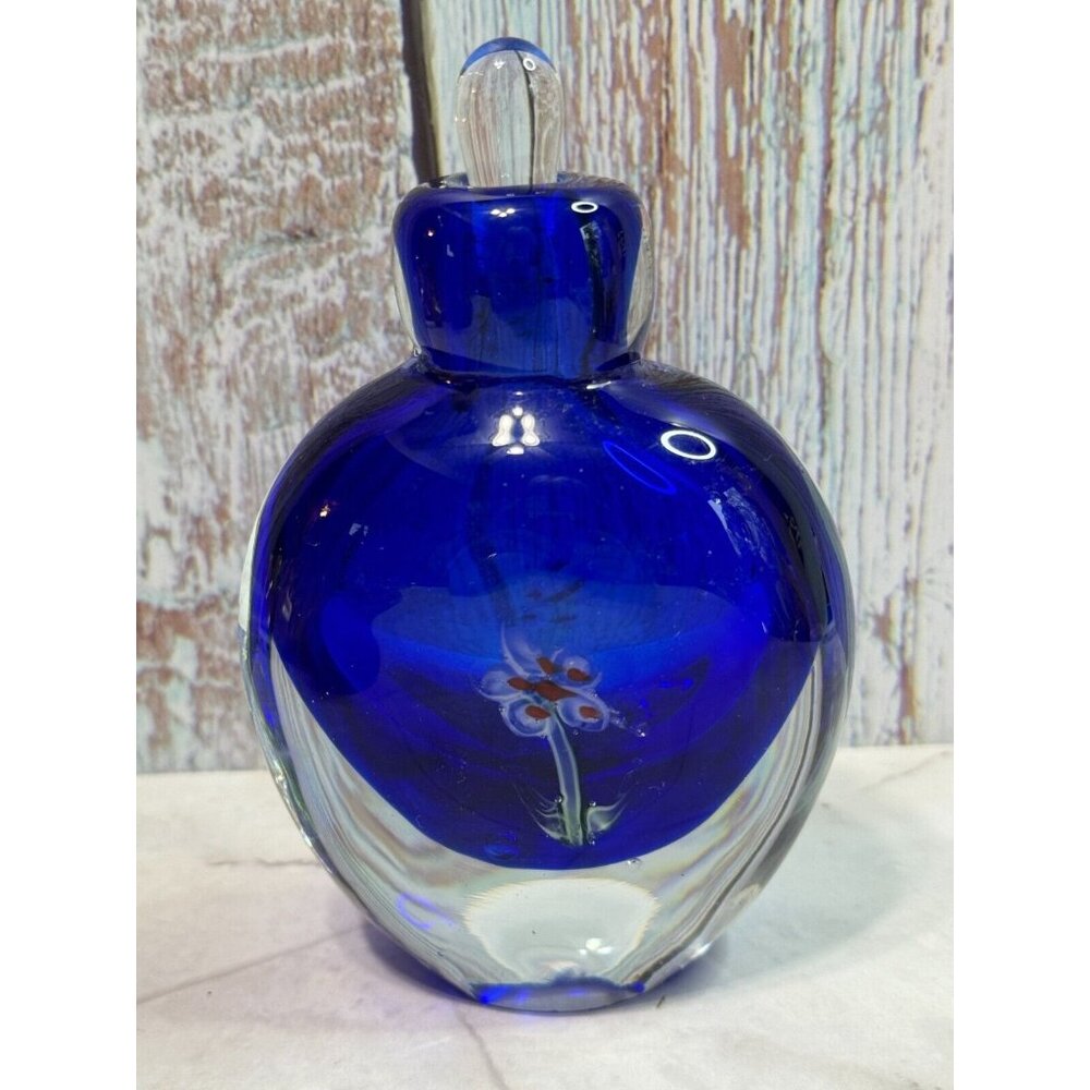Vintage Cobalt Blue Millefiori Fower Perfume Bottle Art Glass with Stopper Empty - Picture 4 of 13